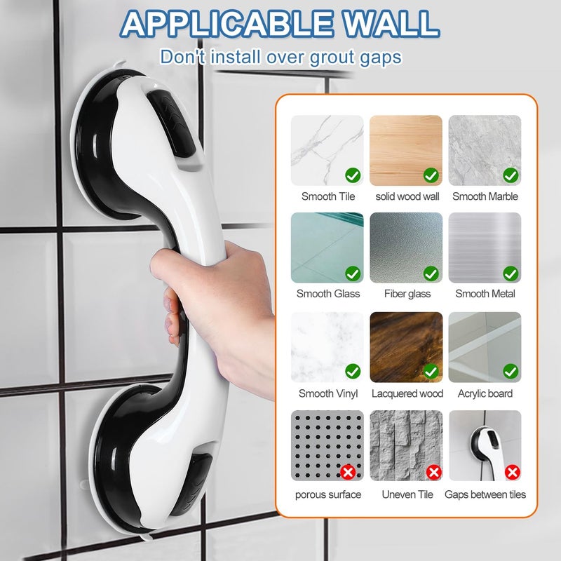 MCDEX Grab Bars for Bathtubs and Showers, 2 Pack Shower Handle 12 Inch Strong Suction Shower Bar, Safety Bars for Shower Chair, Bathroom Grab Bar for Senior Black White - Image 4